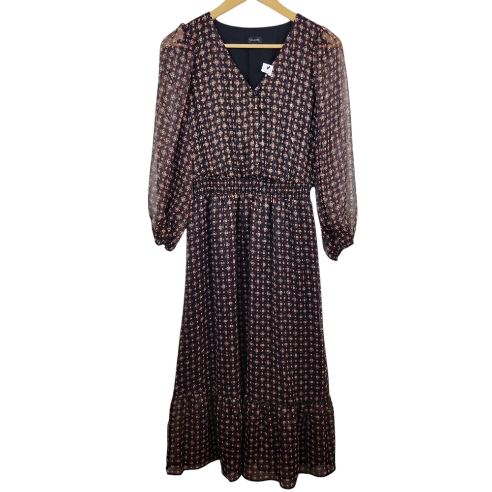 Talbots Fit & Flare Midi Dress in Dainty Medallion Size 4 V-Neck Flounced Hem - Picture 2 of 10